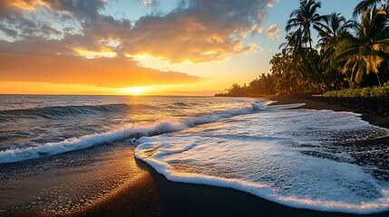 Wall Mural - Sunset over Black Sand Beach with Palm Trees.