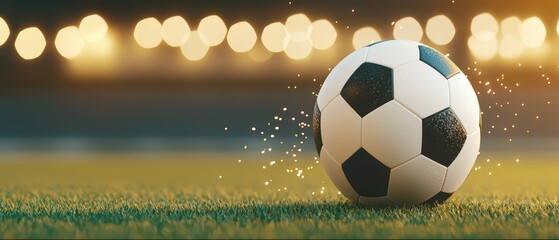 Wall Mural - A close-up of a soccer ball rolling on the grass with sparkling effects, captured in a vibrant, illuminated setting.