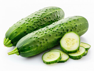 Poster - Fresh Green Cucumbers on White Background With Slices Showing Textured Skin and Inner Flesh