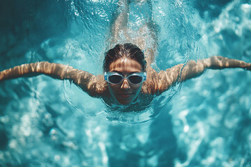 Wall Mural - A person swimming in a crystal-clear pool.