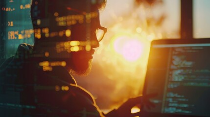 A programmer working on a laptop at sunset, with city lights reflected in the window.  The image evokes a sense of focus, dedication, and the beauty of technology.