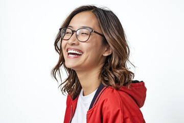 Poster - Happy woman with glasses and red hoodie laughing