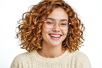 Wall Mural - Happy woman with curly hair and glasses smiling