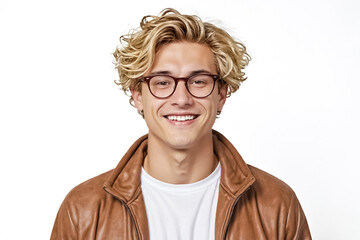 Wall Mural - Portrait of a happy young man in glasses wearing a brown leather jacket