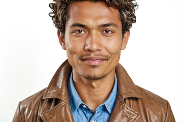 Wall Mural - Portrait of a young man with curly hair wearing a brown leather jacket