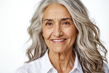 Wall Mural - Portrait of a beautiful mature woman with gray hair and a white shirt