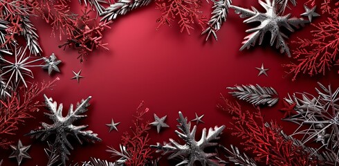 Wall Mural - A red background with snowflakes and stars