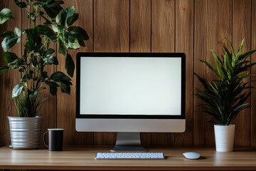 Aufkleber - A mockup of a desktop computer with a white screen on a studio office table.