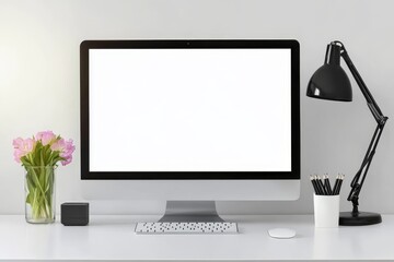Aufkleber - Workspace mockup with computer screen isolated. 3D illustration.