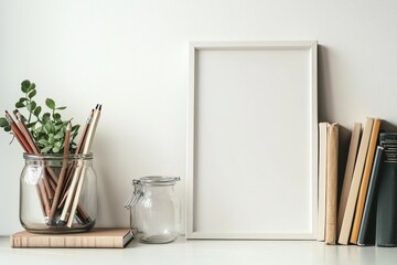 Aufkleber - This mockup poster shows a vintage book on a table and a workspace for copying.