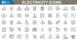 © Kashif - Electricity icons set vector illustration. Electric plug, light, bulb, power, button, battery, high, solar, lightning, wind and power lines.