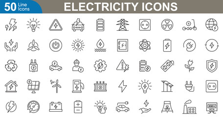 electricity icons set vector illustration. electric plug, light, bulb, power, button, battery, high,
