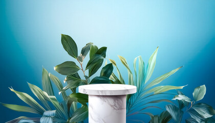 Wall Mural - White Marble Podium with Tropical Green Foliage on Blue Background