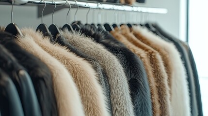 Luxurious fur coats in various colors hang neatly on metal hangers in a fashionable boutique, highlighting contemporary designs and quality craftsmanship