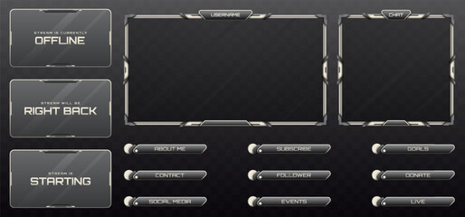 Wall Mural - Stream Overlay Webcam Screen Frame and Stream Alert GUI Panels in Silver and Grey for Gaming and Live Video Streaming Platforms
