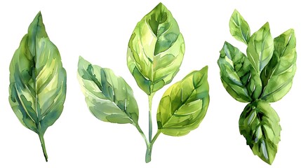 Sticker - Vibrant Green Basil Leaves in Watercolor on White Background with Copy Space