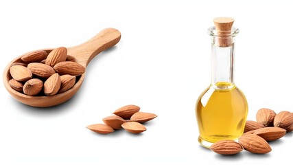 Wall Mural - Closeup almond oil in glass bottle and group of almond nuts in wooden spoon