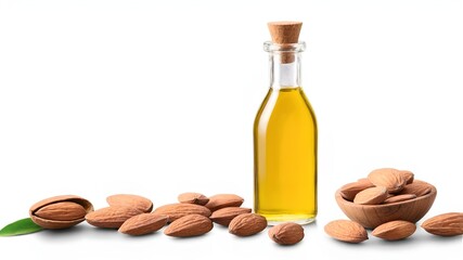 Wall Mural - Closeup almond oil in glass bottle and group of almond nuts in wooden spoon