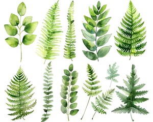 Sticker - Delicate Watercolor Fern Leaves on Pristine White Background  Soft Green Natural Botanicals for Elegant Designs