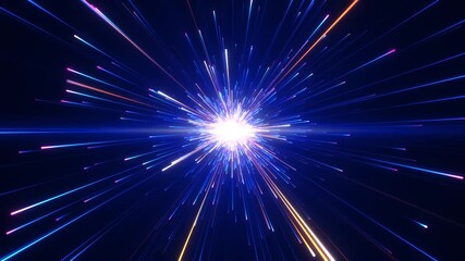 Wall Mural - bright radial light beams. abstract background in blue and orange neon glow color. light burst in un