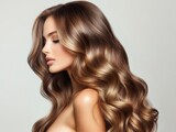 woman with luxurious, long hair styled in voluminous waves, displaying a seamless blend of hues from shatush and balayage coloring