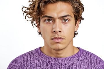 Canvas Print - Portrait of a Young Man with Brown Hair and a Purple Sweater