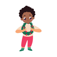 Sticker - Boy Character with Wreath Celebrate Christmas Holiday at Winter Vector Illustration