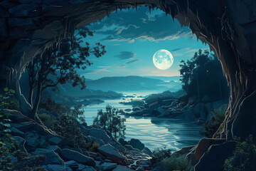 Sticker - Moonlit Lake View from Cave.