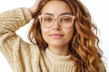 Wall Mural - Portrait of a Young Woman with Long Wavy Hair, Wearing a Beige Knit Sweater and Gold-Rimmed Glasses, Looking Softly at the Camera