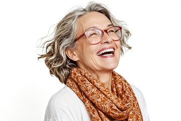 Canvas Print - Portrait of a cheerful woman laughing, wearing glasses and a scarf