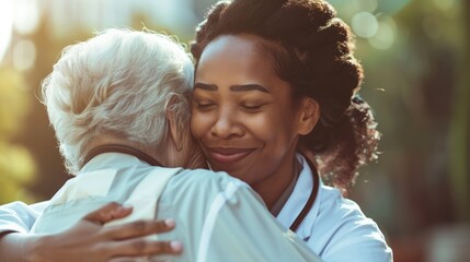 The supportive embrace of a healthcare provider in white scrubs with a senior outpatient dressed in a hospital gown, showing empathy.