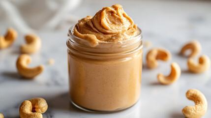 Freshly made cashew butter in a jar with whole cashews on a marble background