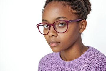 Poster - Close-up Portrait of a Young Black Woman Wearing Glasses and a Purple Sweater