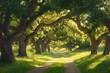 © Keattipoom - Enchanting Forest Path with Majestic Oak Trees and Sunlight Filtering Through, Vibrant Illustration of Nature's Beauty