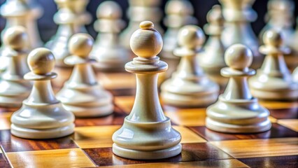 A close-up of a white pawn on a chessboard, surrounded by other pieces, symbolizing strategy, competition, movement, and forward progress.