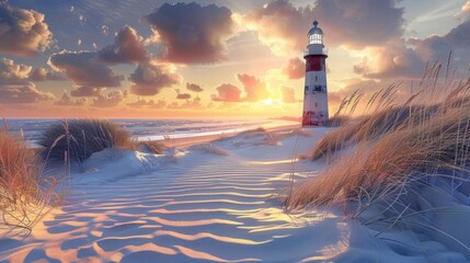 Wall Mural - A serene coastal scene featuring a lighthouse at sunset with a sandy beach and gentle waves Soft clouds enhance the tranquil atmosphere