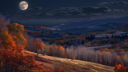 Wall Mural - A beautiful autumn landscape with a full moon in the sky