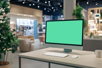 Tech Showcase: Modern retail store interior with a computer mockup on the counter, perfect for showcasing your website or application.