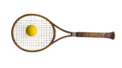 Vintage tennis racket and ball on transparent background 