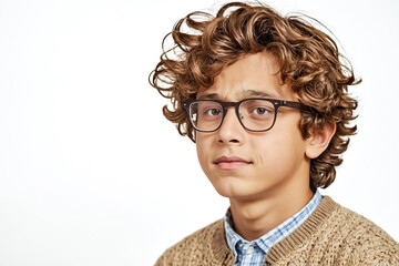 Wall Mural - Young man with curly hair wearing glasses