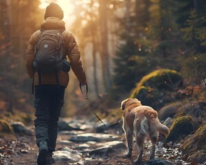 Canvas Print - Hiker and Canine Companion Explore Serene Forest Trail on Adventurous Journey