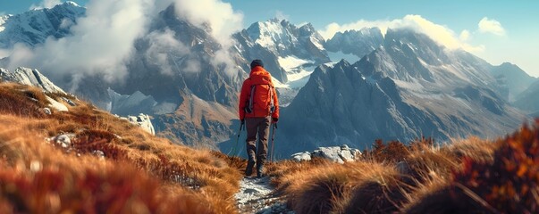 Sticker - Lone Hiker Exploring Rugged Alpine Trail with Majestic Snow Capped Peaks in the Distance