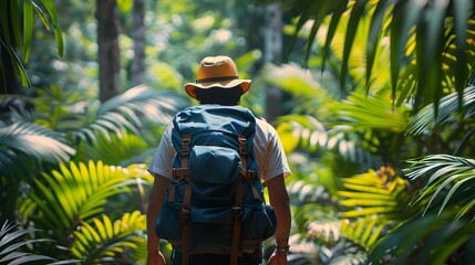 Canvas Print - Hiker Trekking Through Lush Jungle with Exotic Plants and Foliage on Adventure Journey