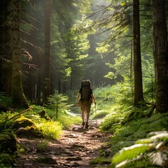 Poster - Hiker Traversing a Serene Forest Path with Dappled Sunlight