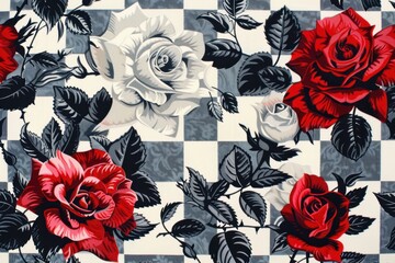 Wall Mural - Houndstooth pattern with roses in red, white and black Generative AI