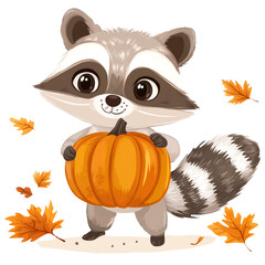 Wall Mural - adorable autumn raccoon with orange pumpkin