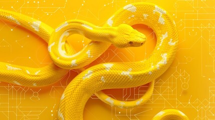 Wall Mural - a vibrant yellow snake on a circuit board background symbolizes python in data science.