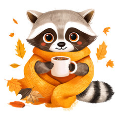 Wall Mural - cute autumn raccoon with hot cocoa