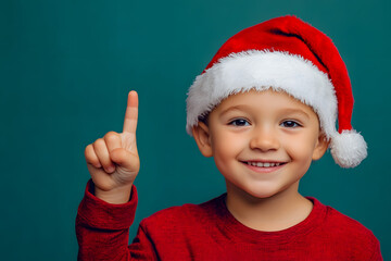 Wall Mural - Happy young boy wearing a Santa's hat pointing with his finger, against a plain background