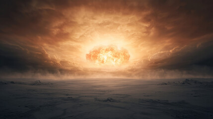 dramatic apocalyptic scene of a nuclear explosion over a barren landscape, with ominous clouds and d